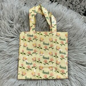 Harrods Cream PVC Shopping Tote Bag Reusable Pink Rose Floral 10 In Vintage